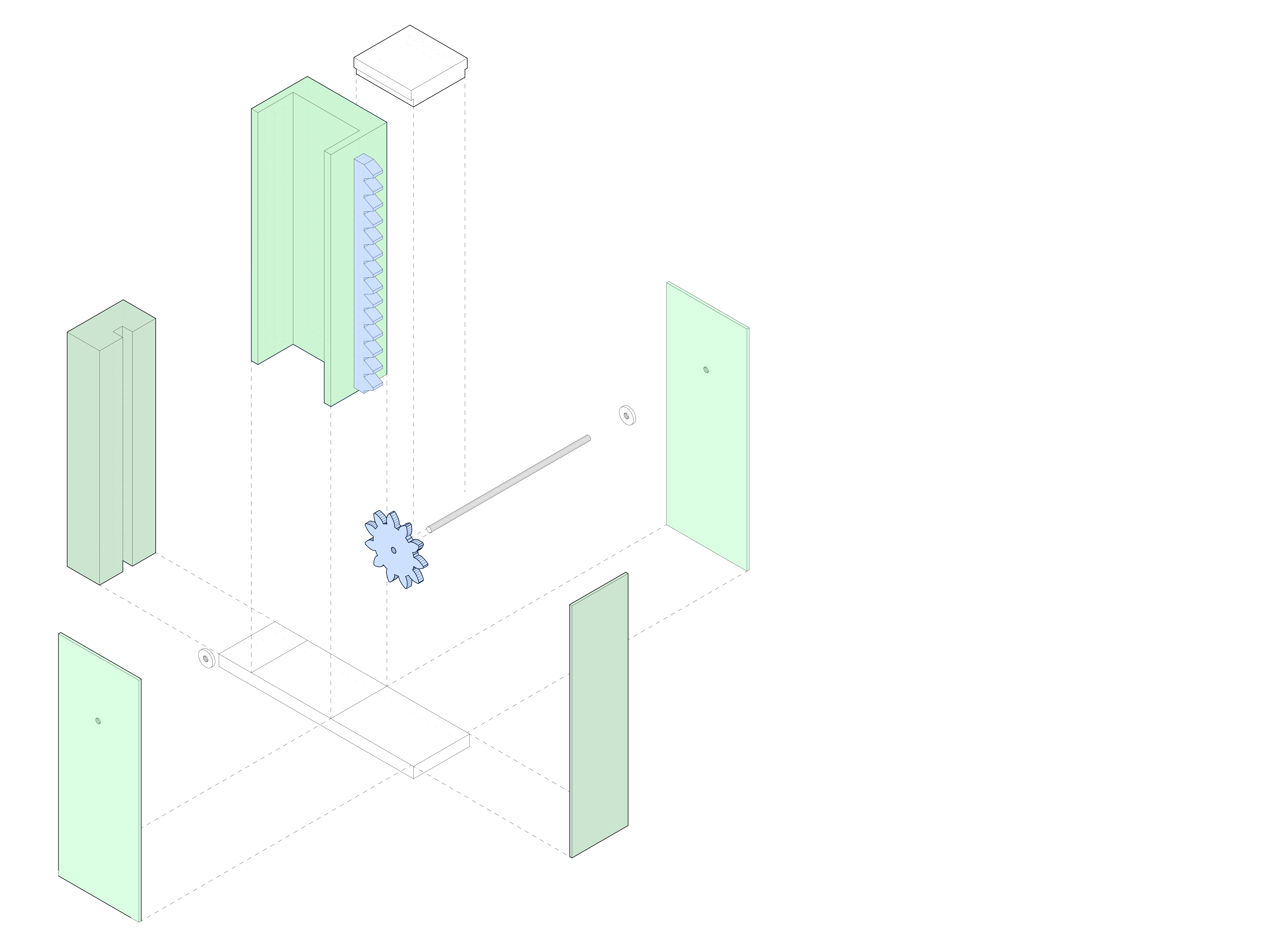 Kinetic facade fragment mechanism, exploded axonometric